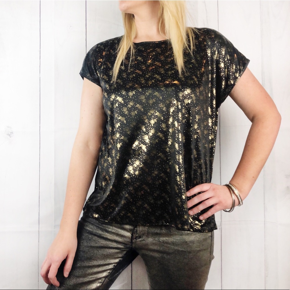 Vintage 80s Joanna Blouse Top Gold Black Floral